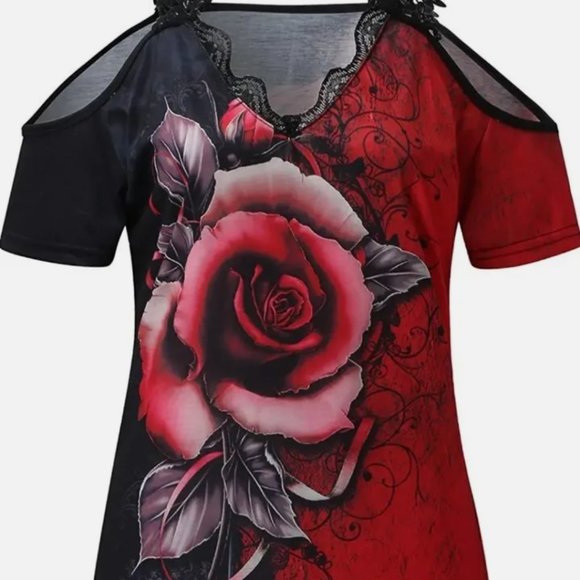 Women's Casual Rose Printed Tops V Neck Off Shoulder short Sleeve T-Shirt Blouse - Picture 1 of 6